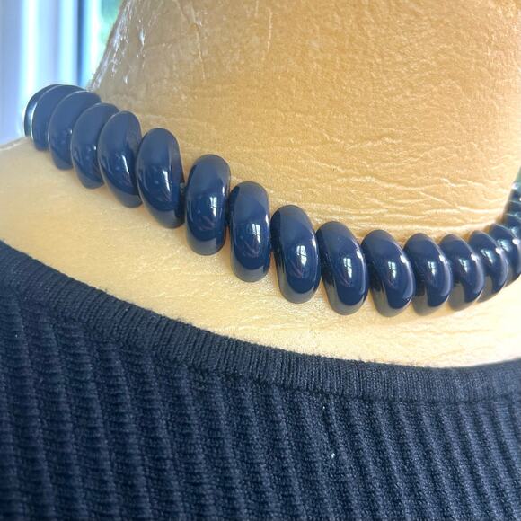 Vintage Napier Navy Blue Spiral Bead Choker Necklace, 80s Statement Jewelry - Picture 9 of 13